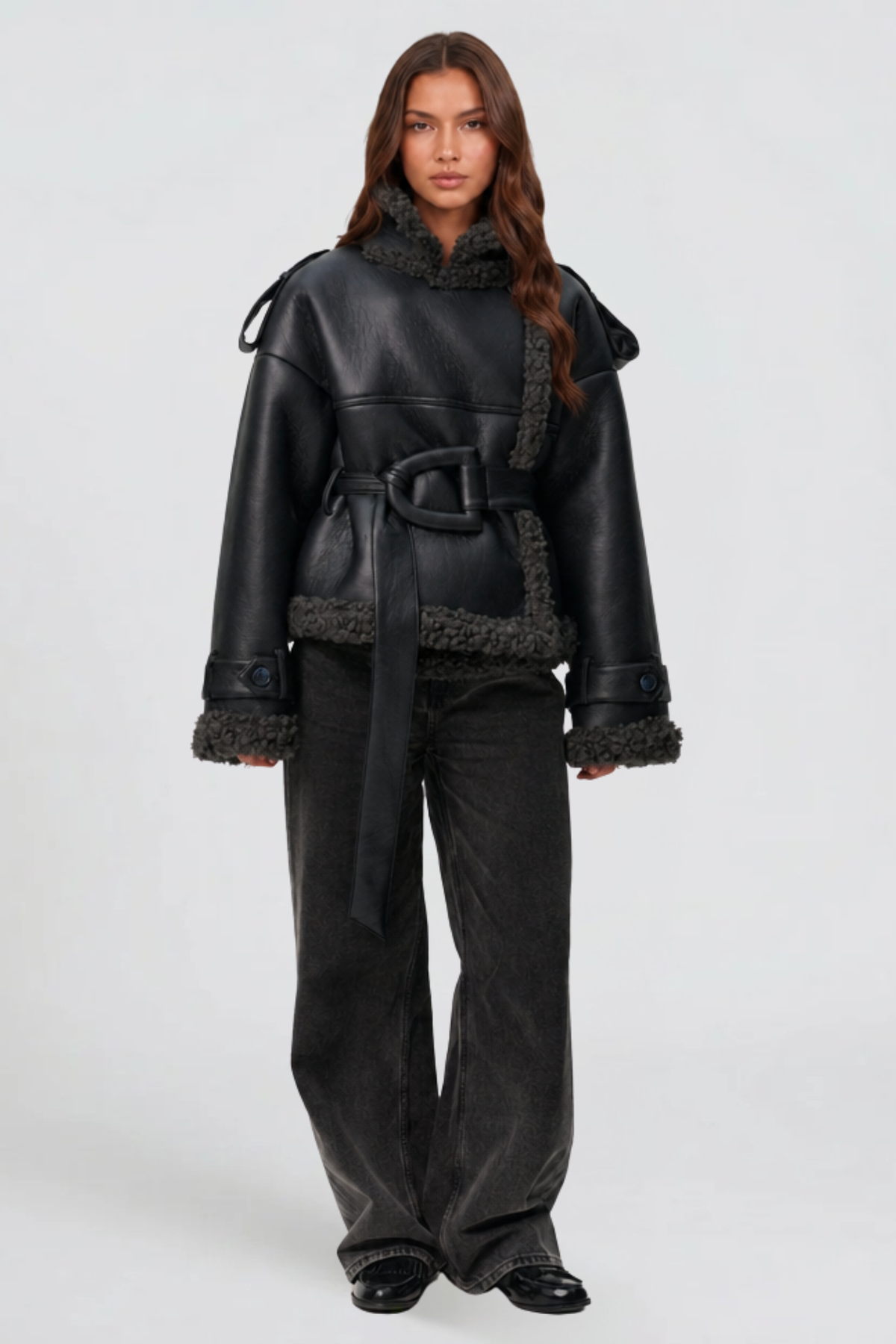 Cropped Leather Shearling Trench Coat
