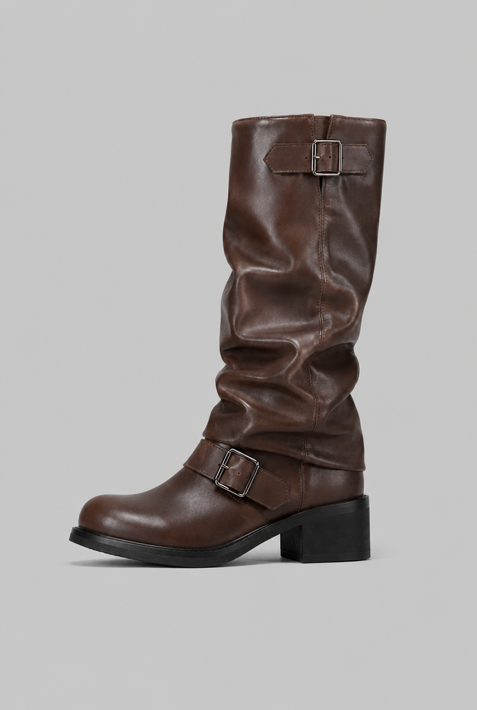 Knee-High Biker Boots With Buckle Detail
