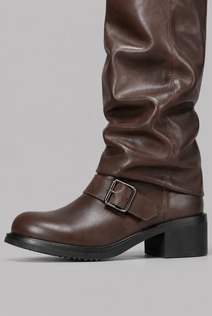 Knee-High Biker Boots With Buckle Detail