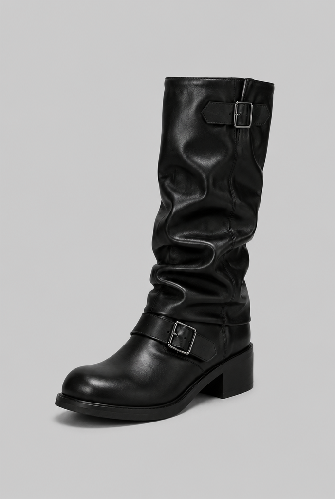 Knee-High Biker Boots With Buckle Detail