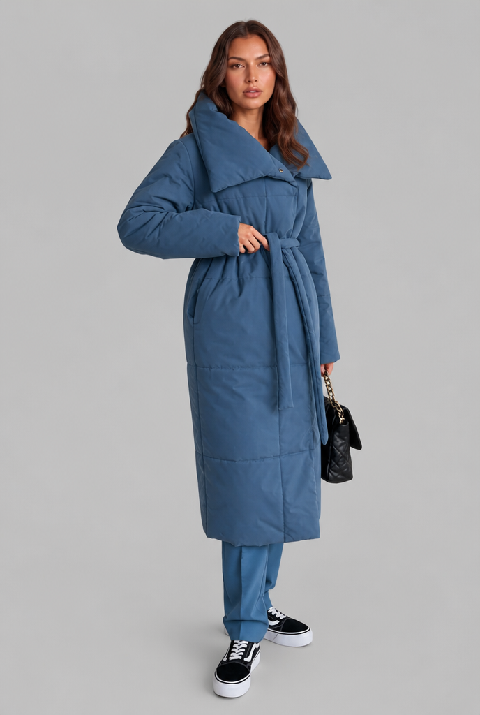 Long Puffer Coat with Oversized Collar
