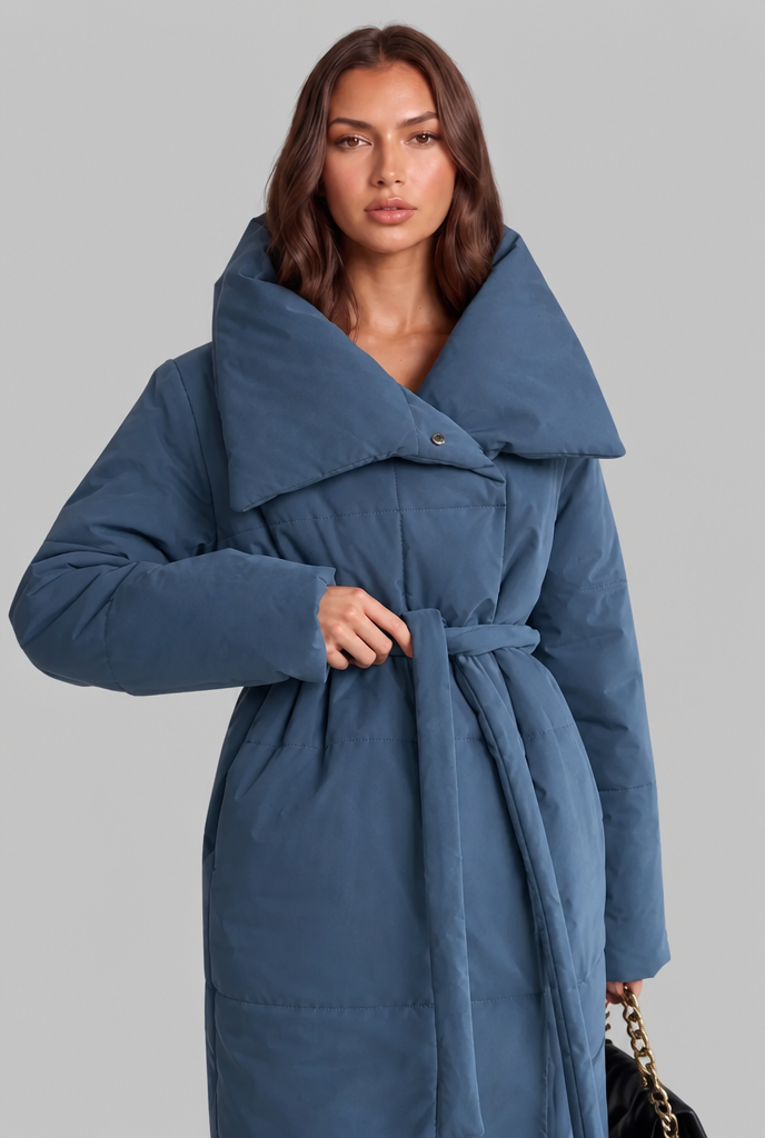 Long Puffer Coat with Oversized Collar