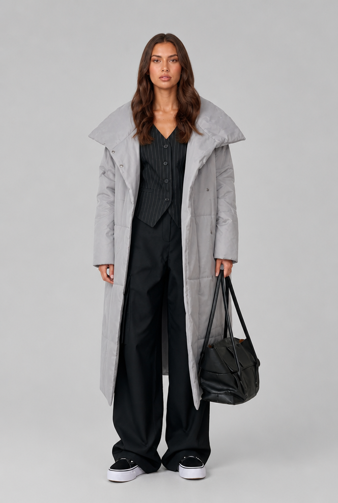 Long Puffer Coat with Oversized Collar