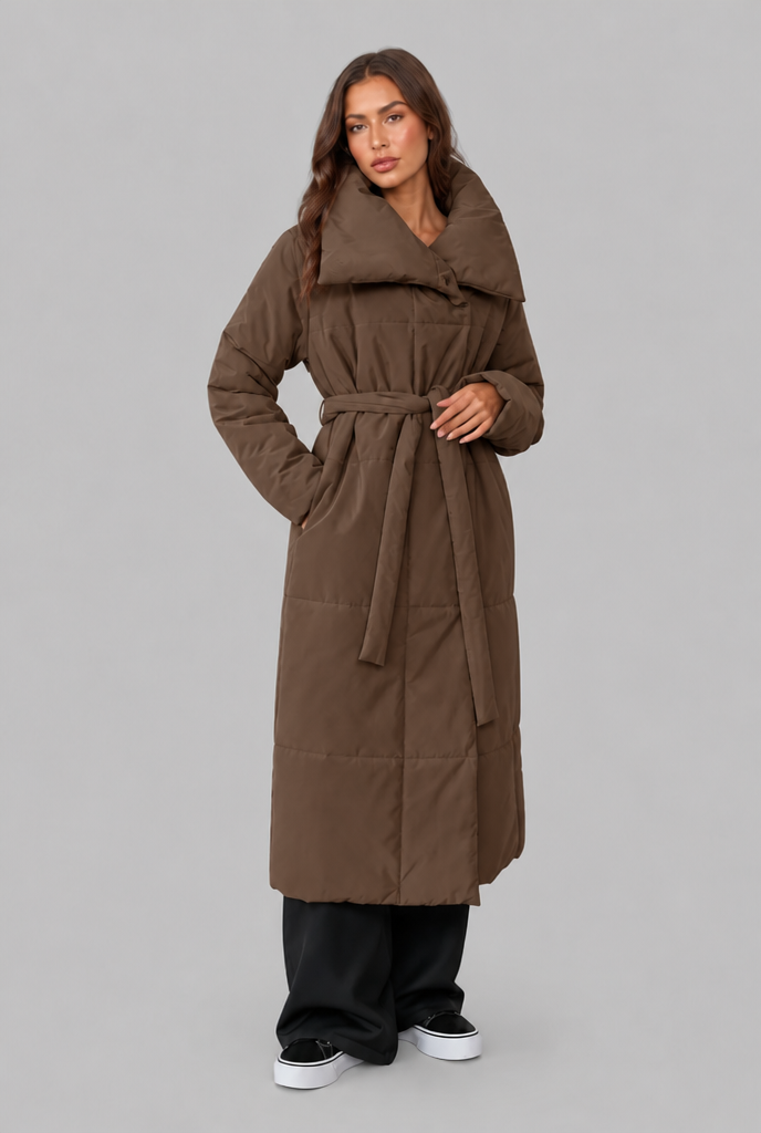 Long Puffer Coat with Oversized Collar