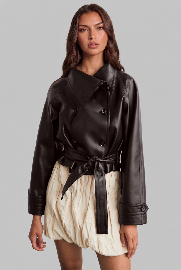 Cropped Leather Jacket with Belt