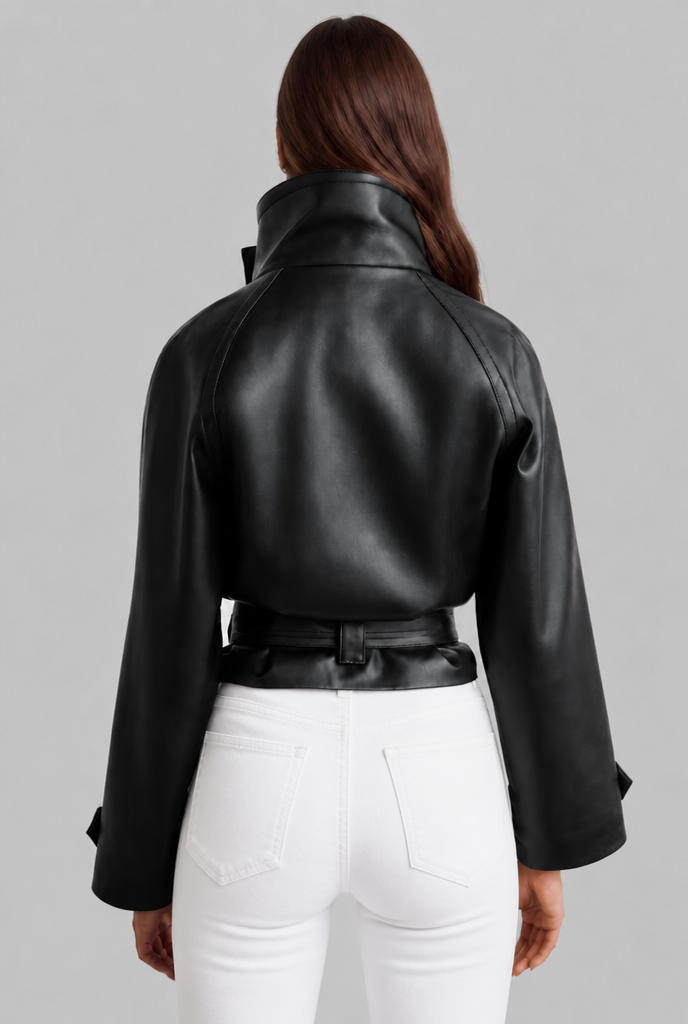 Cropped Leather Jacket with Belt