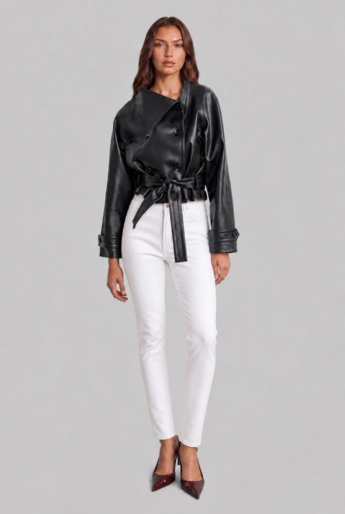 Cropped Leather Jacket with Belt