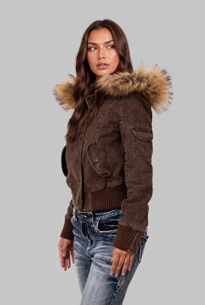 Denim Bomber Jacket with Faux Fur Hood