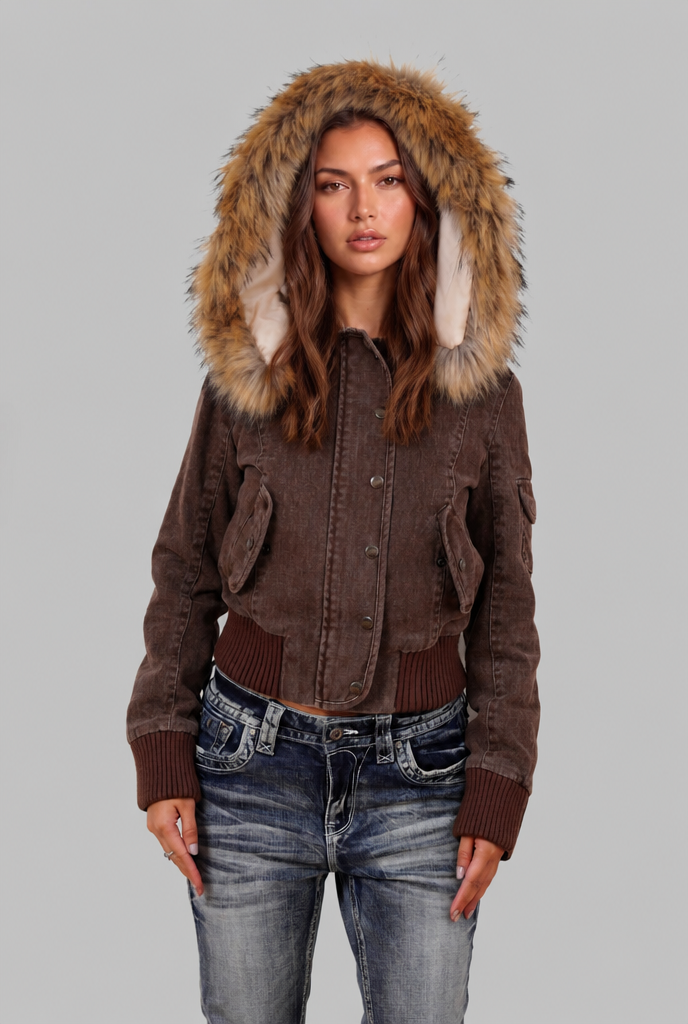 Denim Bomber Jacket with Faux Fur Hood