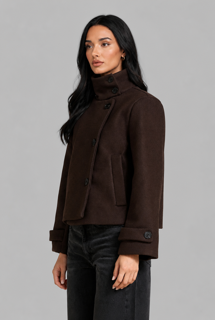 Cropped Wool Jacket with Funnel Neck