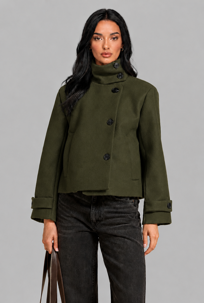 Cropped Wool Jacket with Funnel Neck