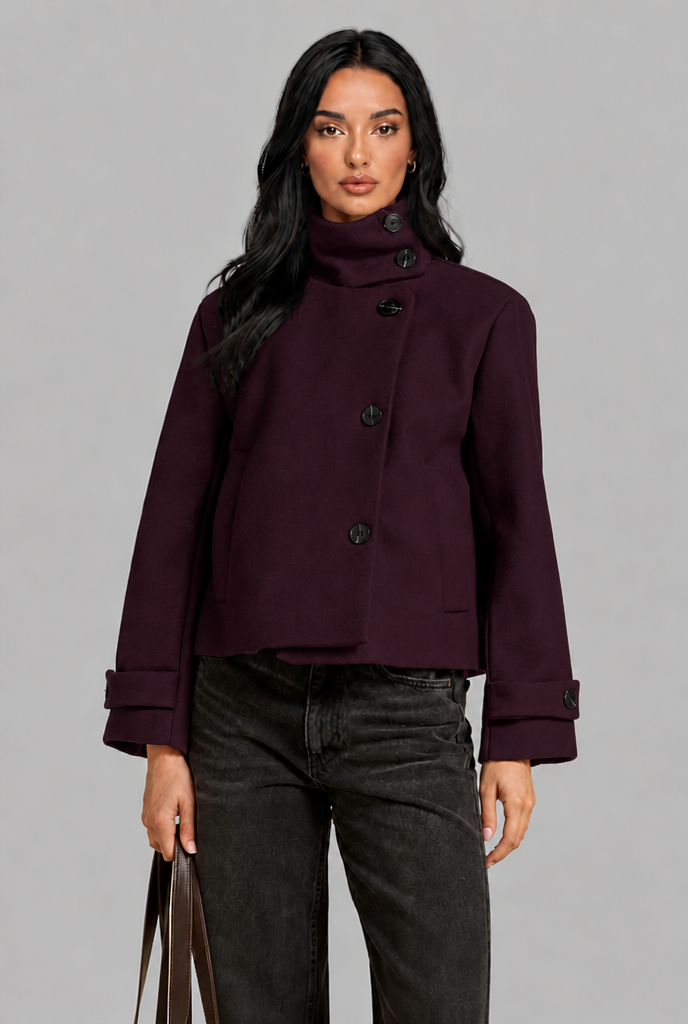 Cropped Wool Jacket with Funnel Neck