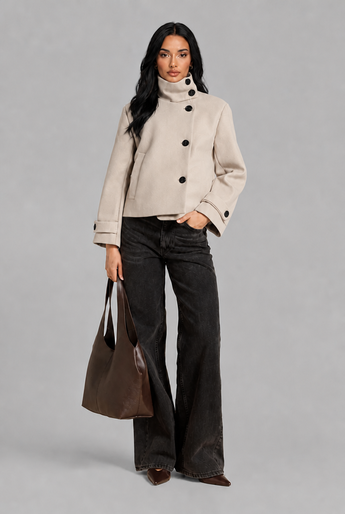 Cropped Wool Jacket with Funnel Neck