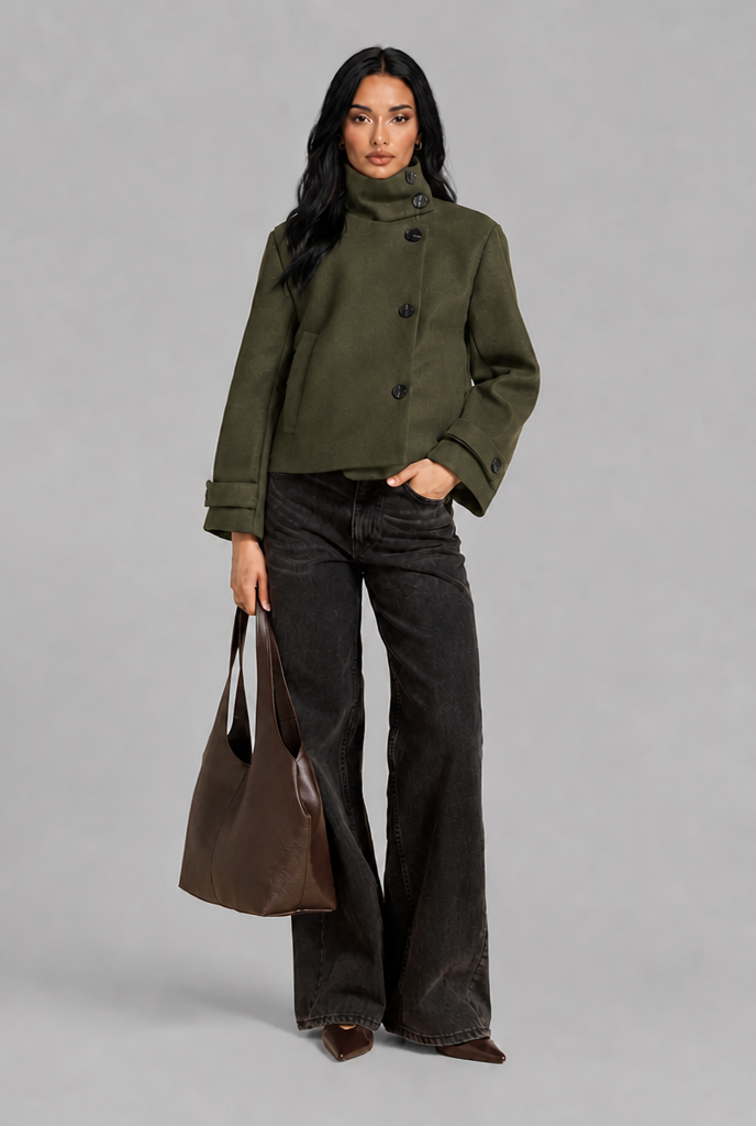 Cropped Wool Jacket with Funnel Neck