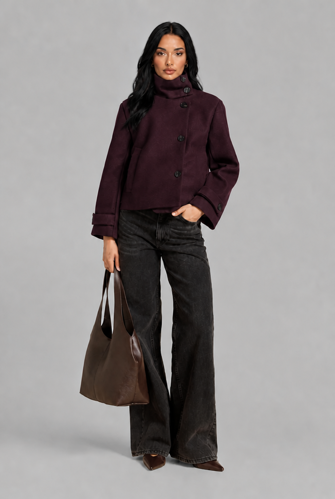 Cropped Wool Jacket with Funnel Neck