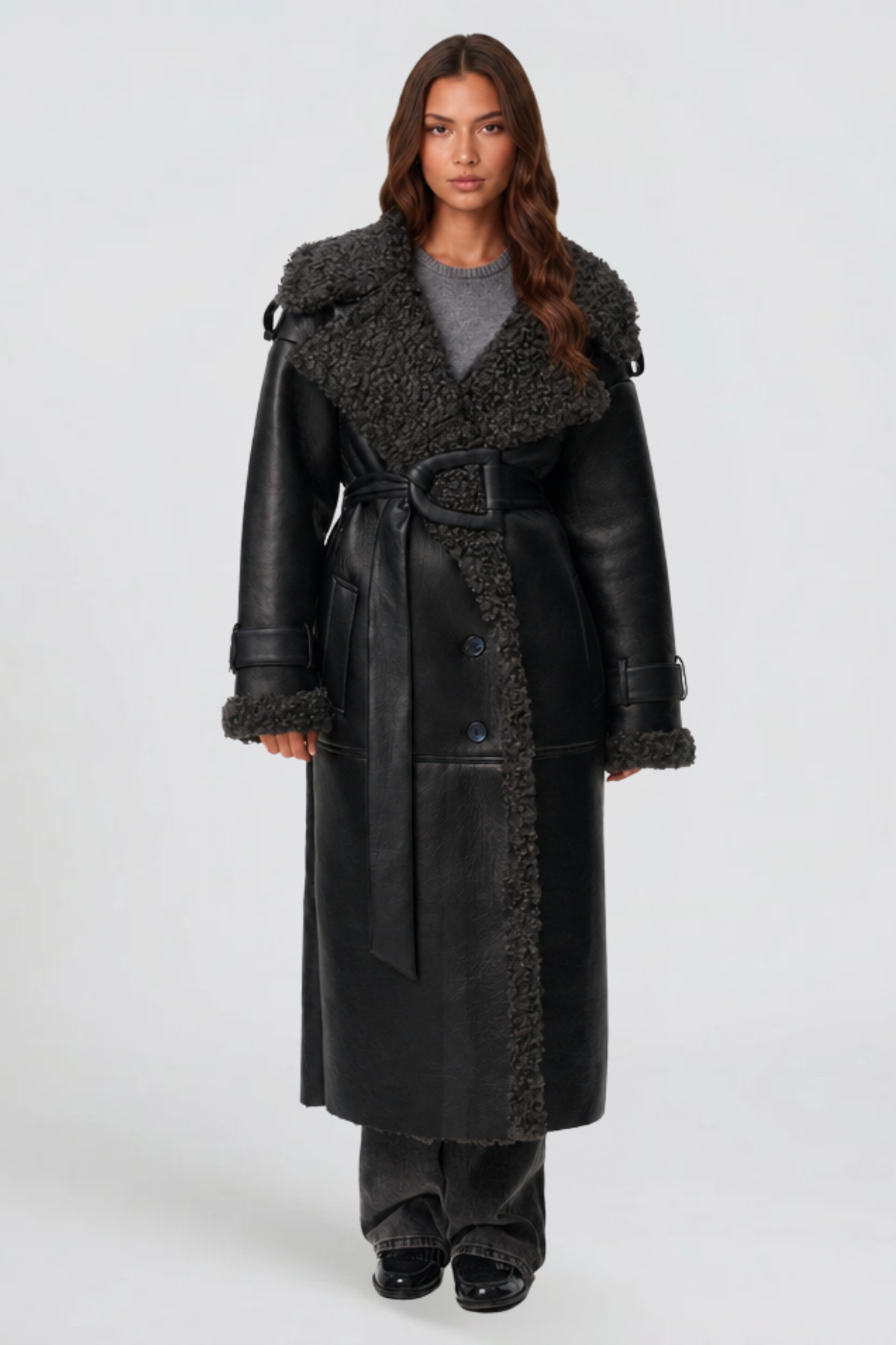 Leather Shearling Trench Coat