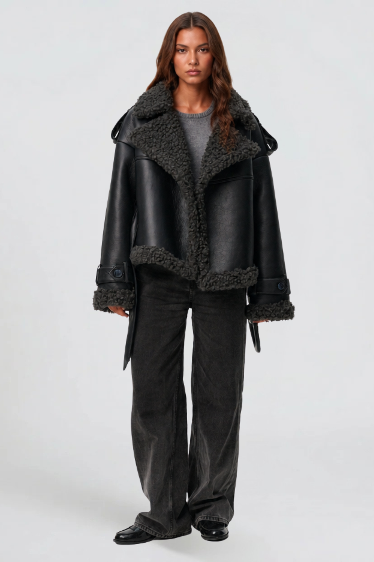 Cropped Leather Shearling Trench Coat