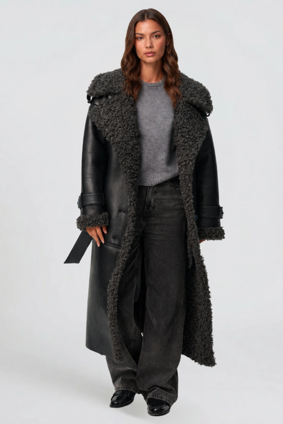 Leather Shearling Trench Coat