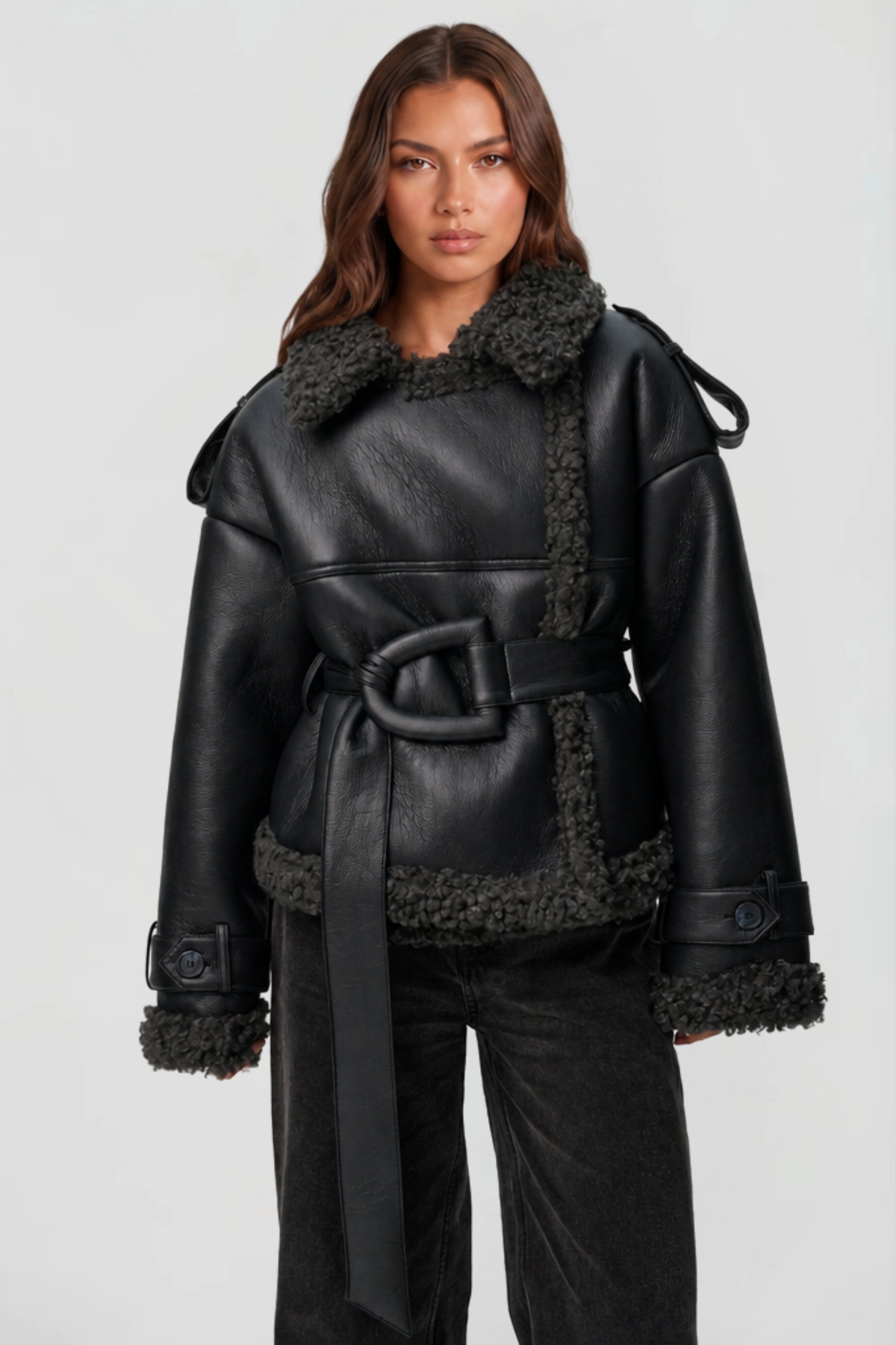 Cropped Leather Shearling Trench Coat