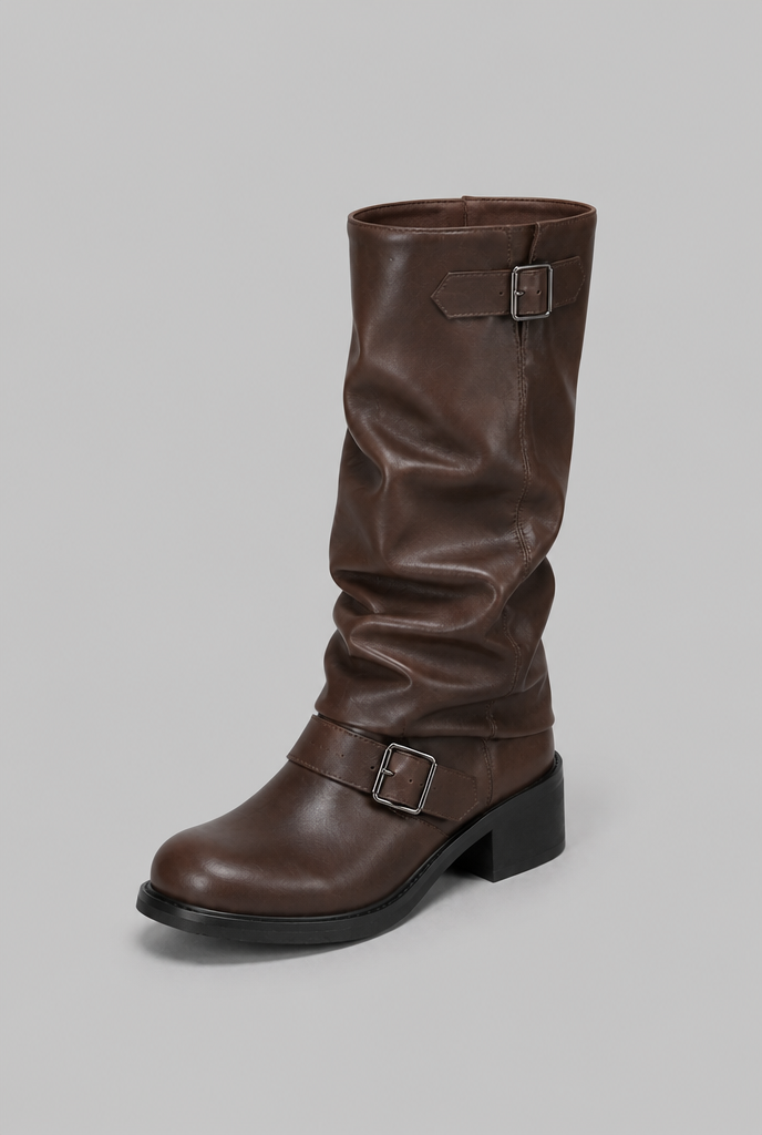 Knee-High Biker Boots With Buckle Detail