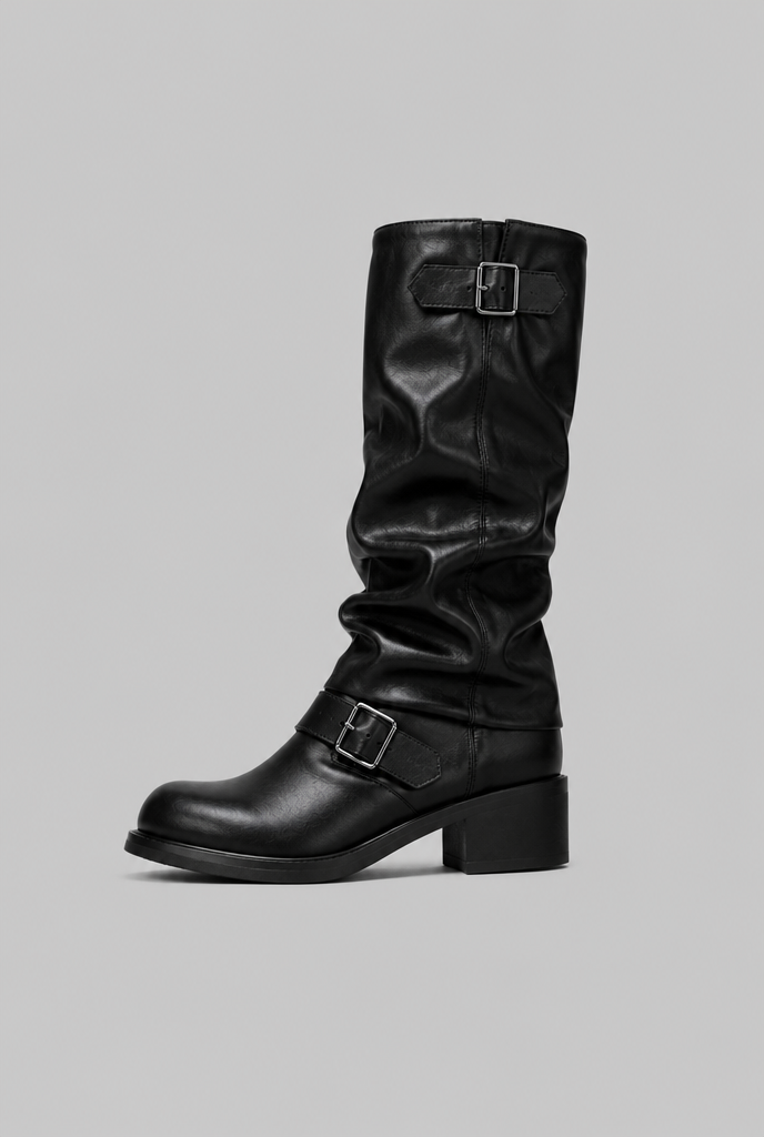 Knee-High Biker Boots With Buckle Detail