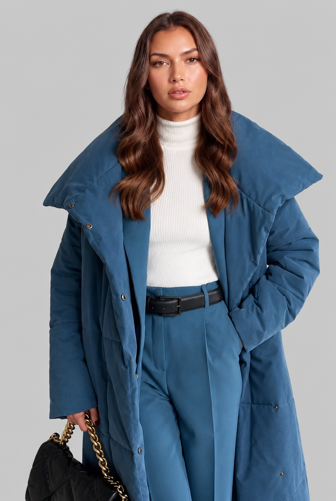 Long Puffer Coat with Oversized Collar