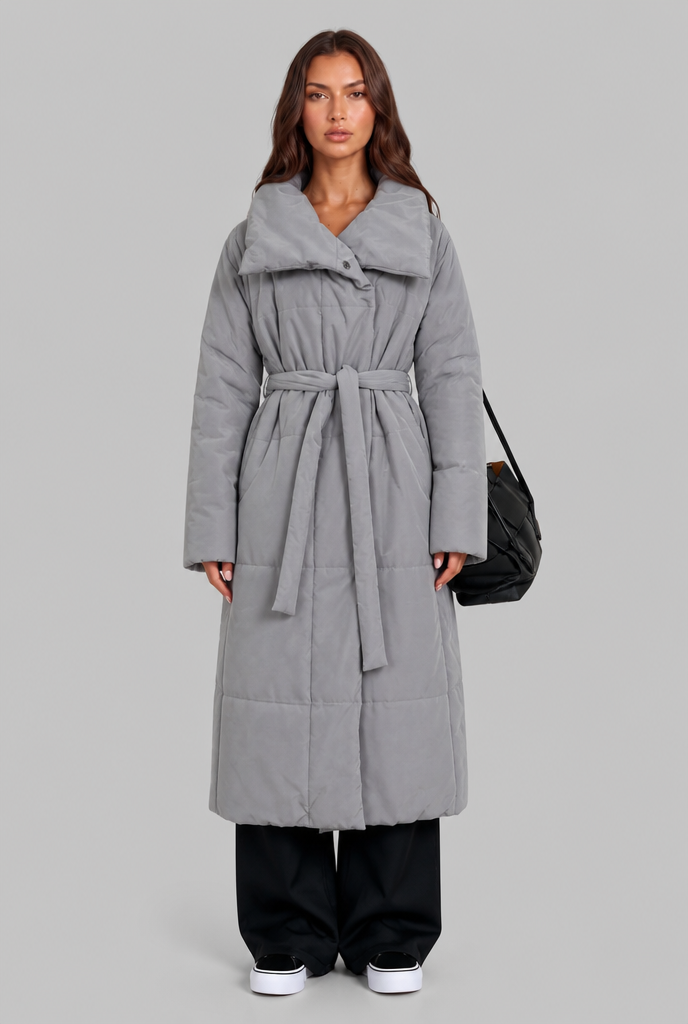 Long Puffer Coat with Oversized Collar
