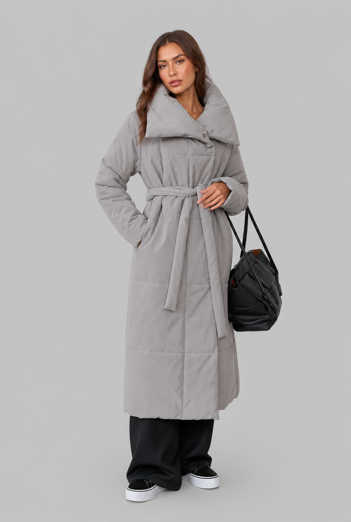 Long Puffer Coat with Oversized Collar