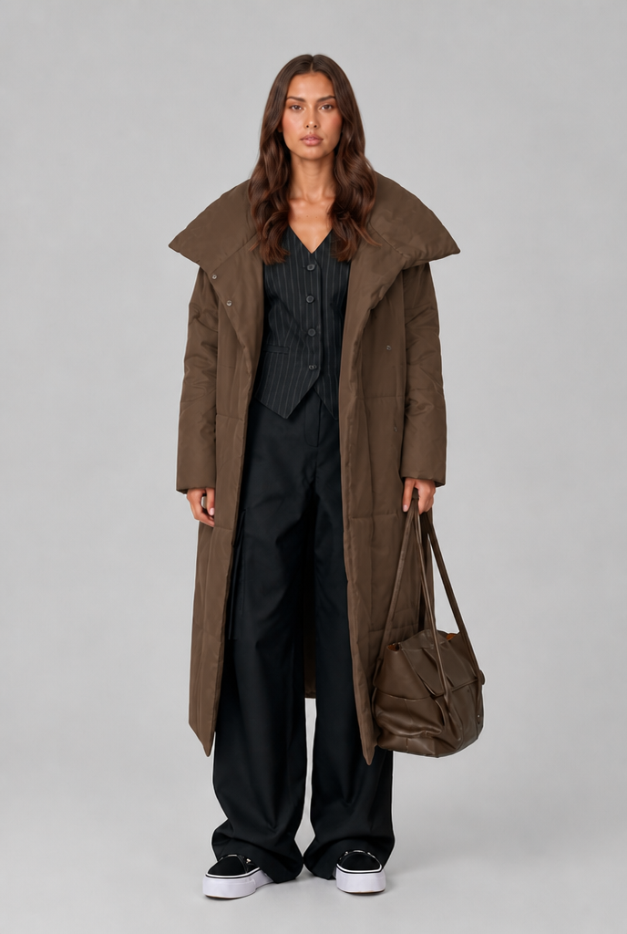 Long Puffer Coat with Oversized Collar