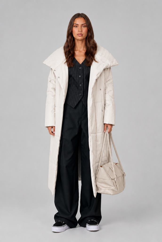 Long Puffer Coat with Oversized Collar