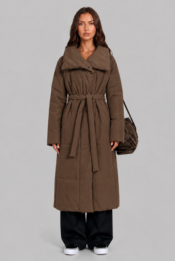 Long Puffer Coat with Oversized Collar