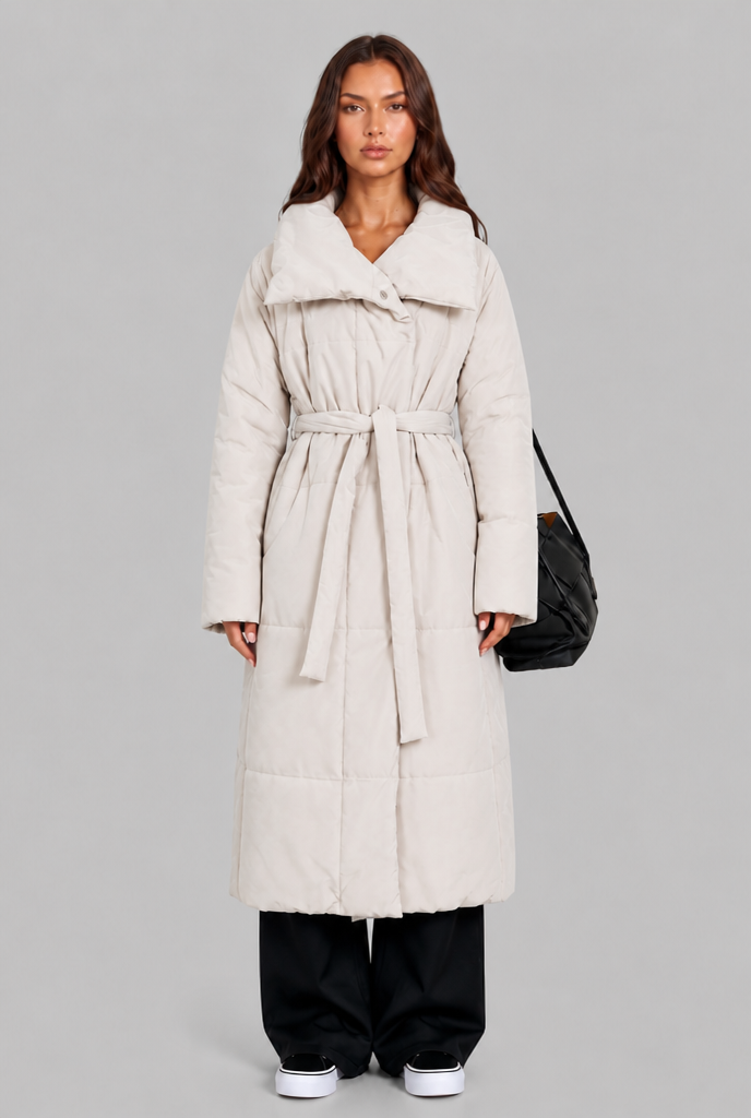 Long Puffer Coat with Oversized Collar