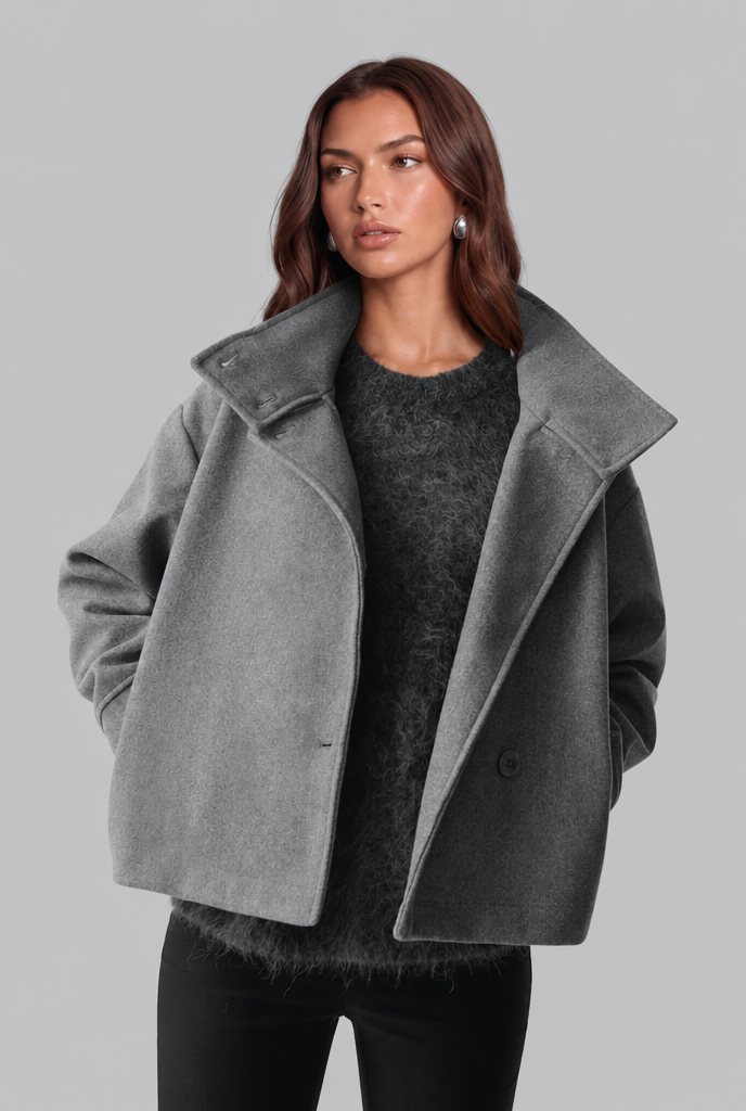 Cropped Wool Jacket with Funnel Neck Collar