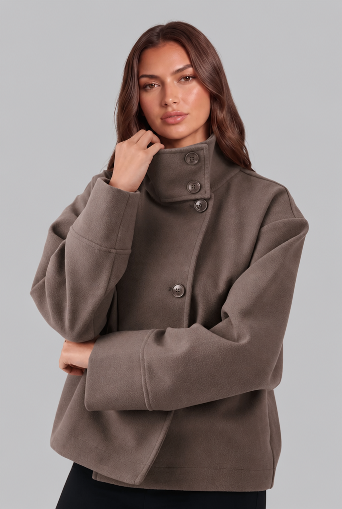 Cropped Wool Jacket with Funnel Neck Collar