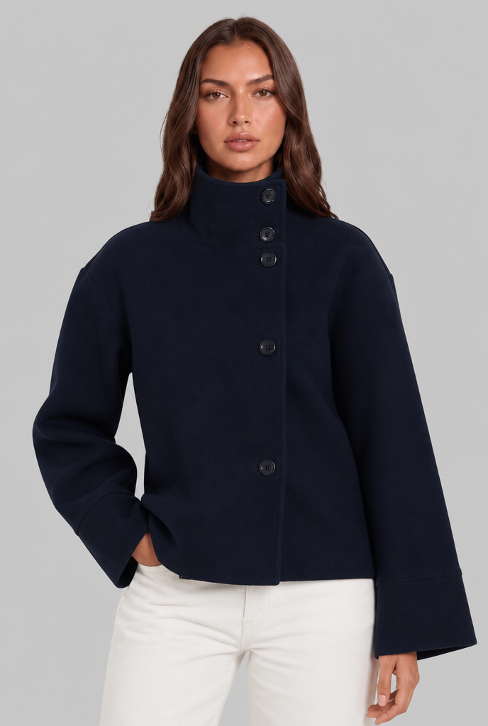 Cropped Wool Jacket with Funnel Neck Collar