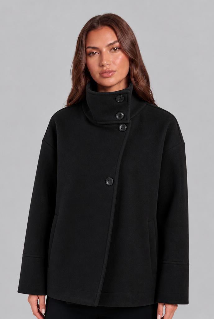 Cropped Wool Jacket with Funnel Neck Collar