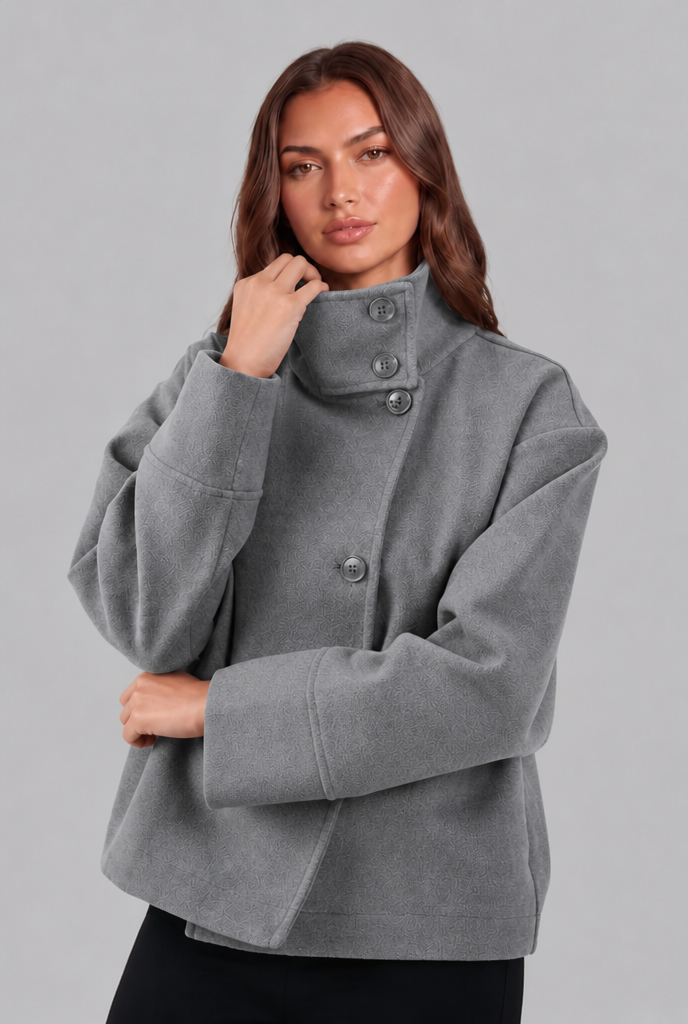 Cropped Wool Jacket with Funnel Neck Collar