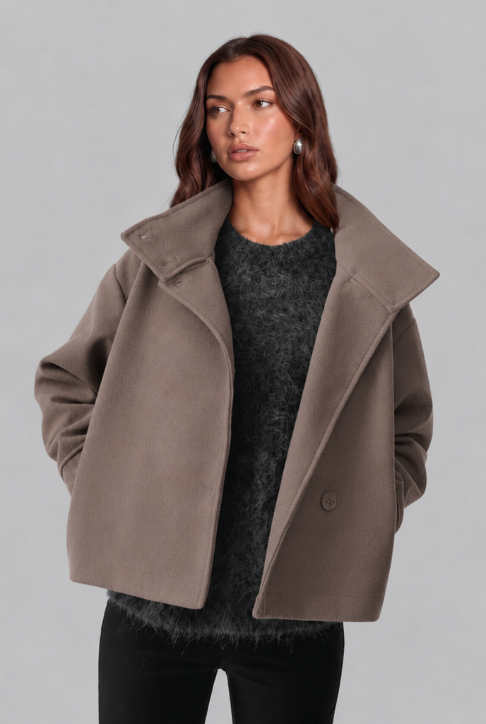 Cropped Wool Jacket with Funnel Neck Collar
