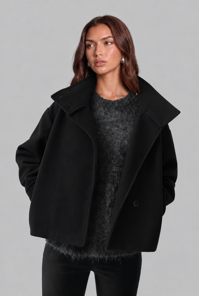 Cropped Wool Jacket with Funnel Neck Collar