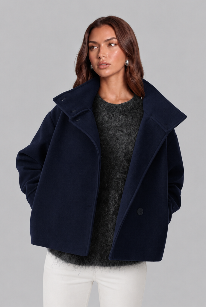 Cropped Wool Jacket with Funnel Neck Collar