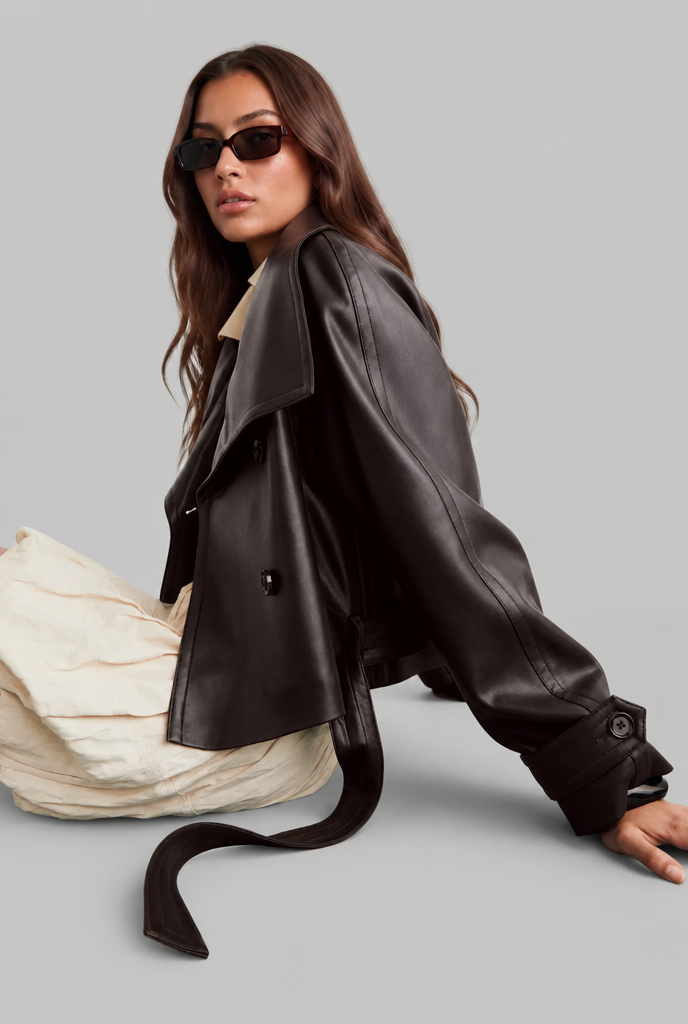 Cropped Leather Jacket with Belt