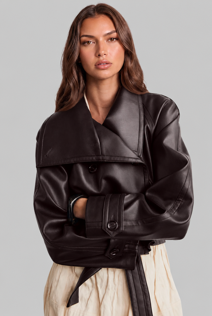Cropped Leather Jacket with Belt