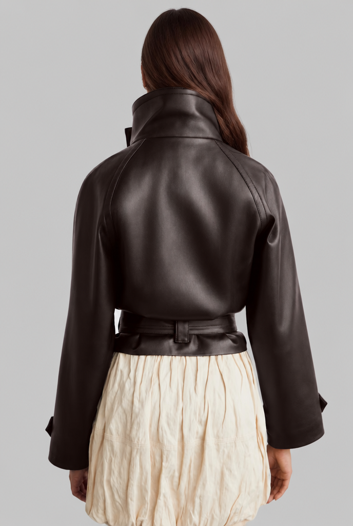 Cropped Leather Jacket with Belt