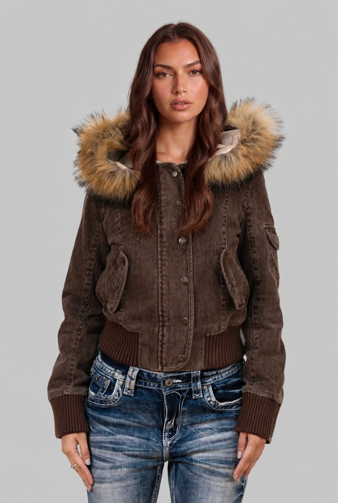 Denim Bomber Jacket with Faux Fur Hood