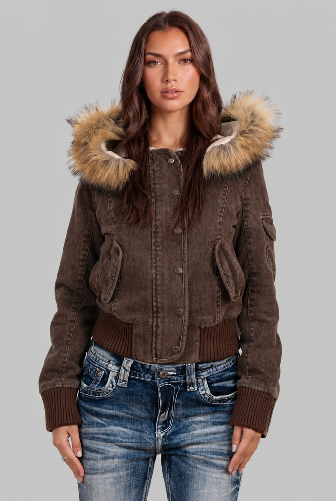 Denim Bomber Jacket with Faux Fur Hood