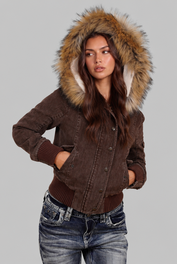 Denim Bomber Jacket with Faux Fur Hood