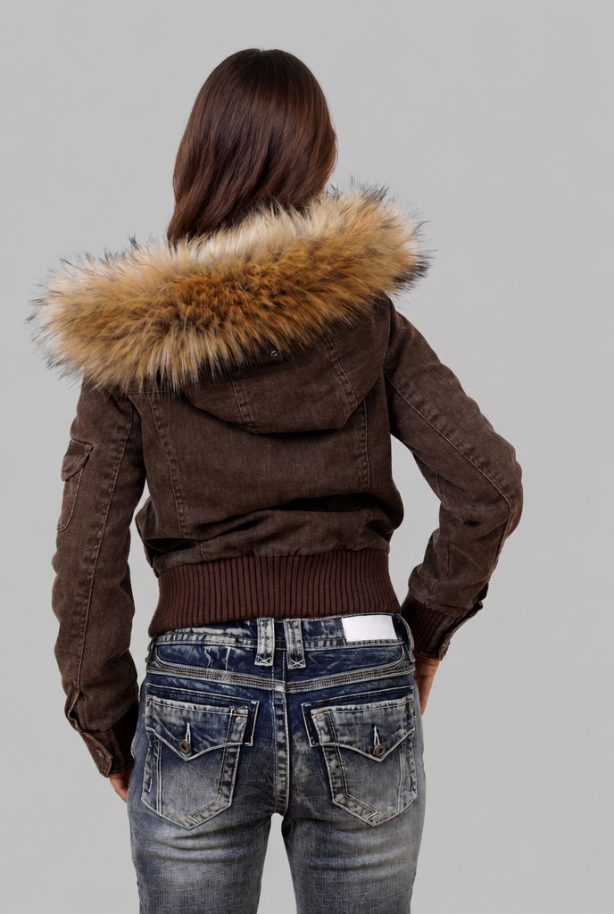 Denim Bomber Jacket with Faux Fur Hood