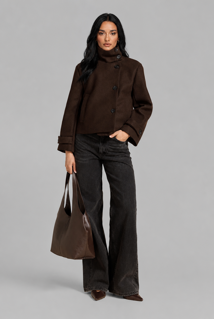 Cropped Wool Jacket with Funnel Neck