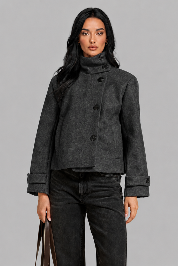 Cropped Wool Jacket with Funnel Neck