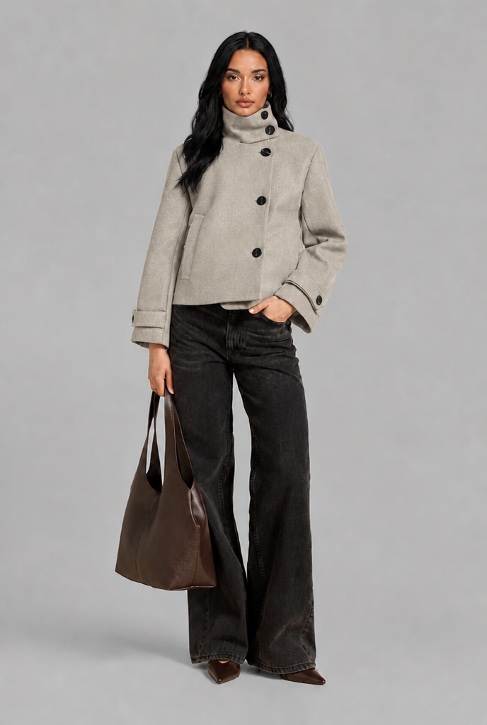 Cropped Wool Jacket with Funnel Neck